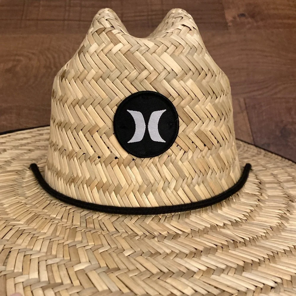 Hurley Straw Sun Hat Beach Bay Lifeguard Hat w/ Chin Strap Wide Brim EUC